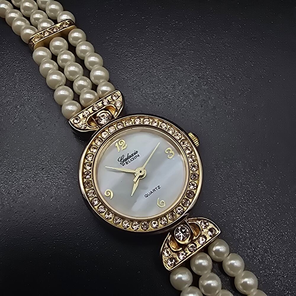 Galaxie by Elgin Faux Pearl Women's Watch Gold Tone Rhinestone WORKS - Picture 7 of 7